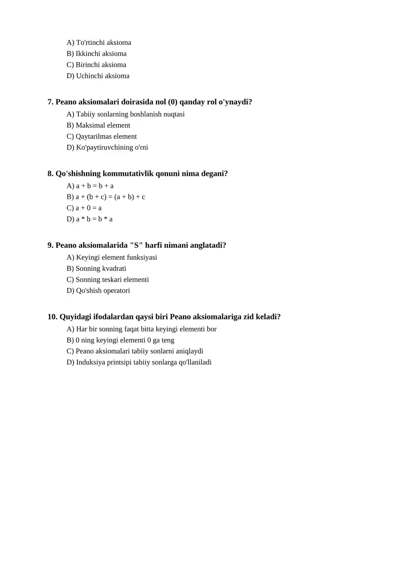 Matematika — Peano aksiomalari va Qo'shish qonunlari bo'yicha test 2