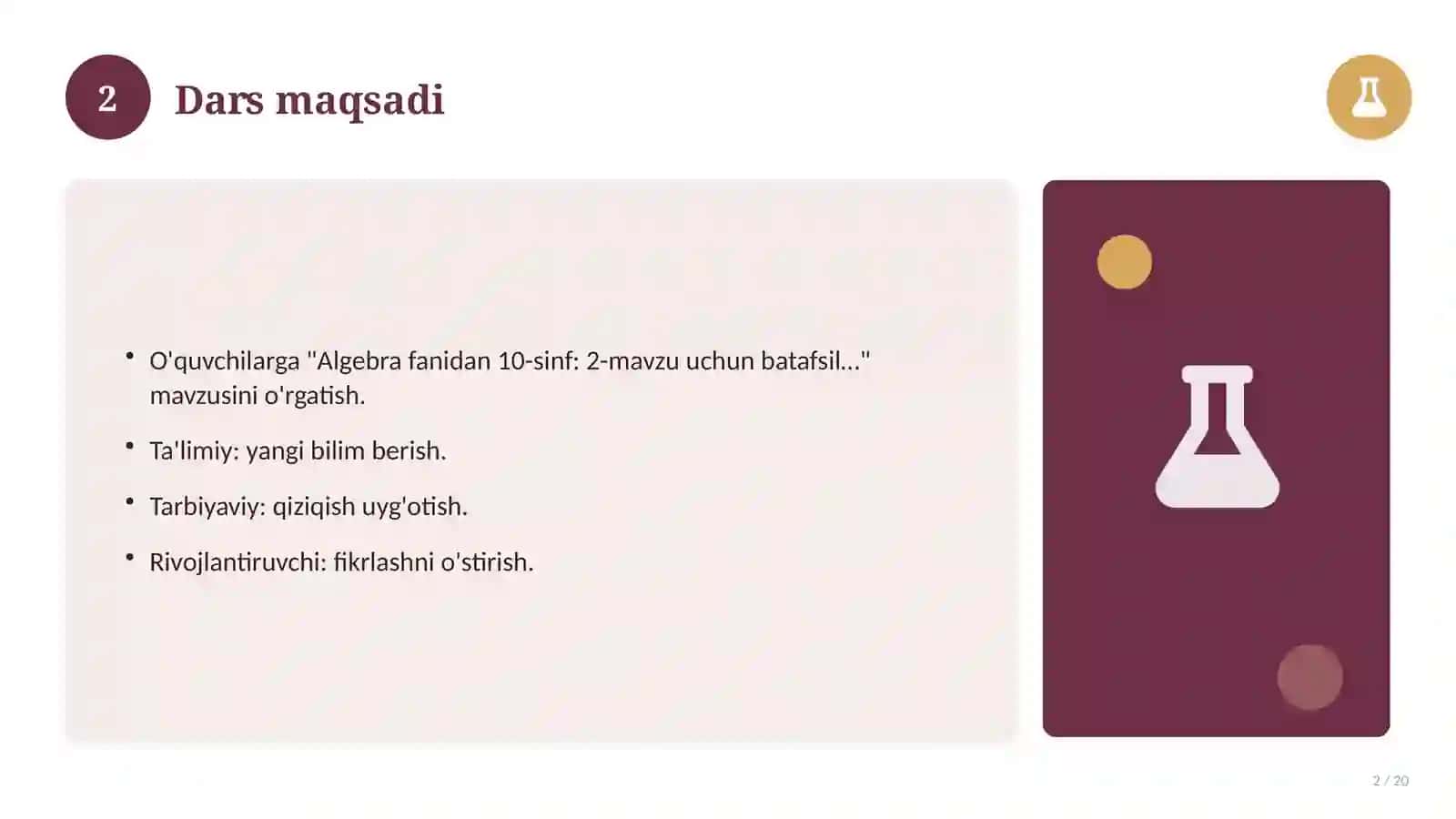 Algebra fanidan 10-sinf: 2-mavzu uchun batafsil dars ishlanmasi 2
