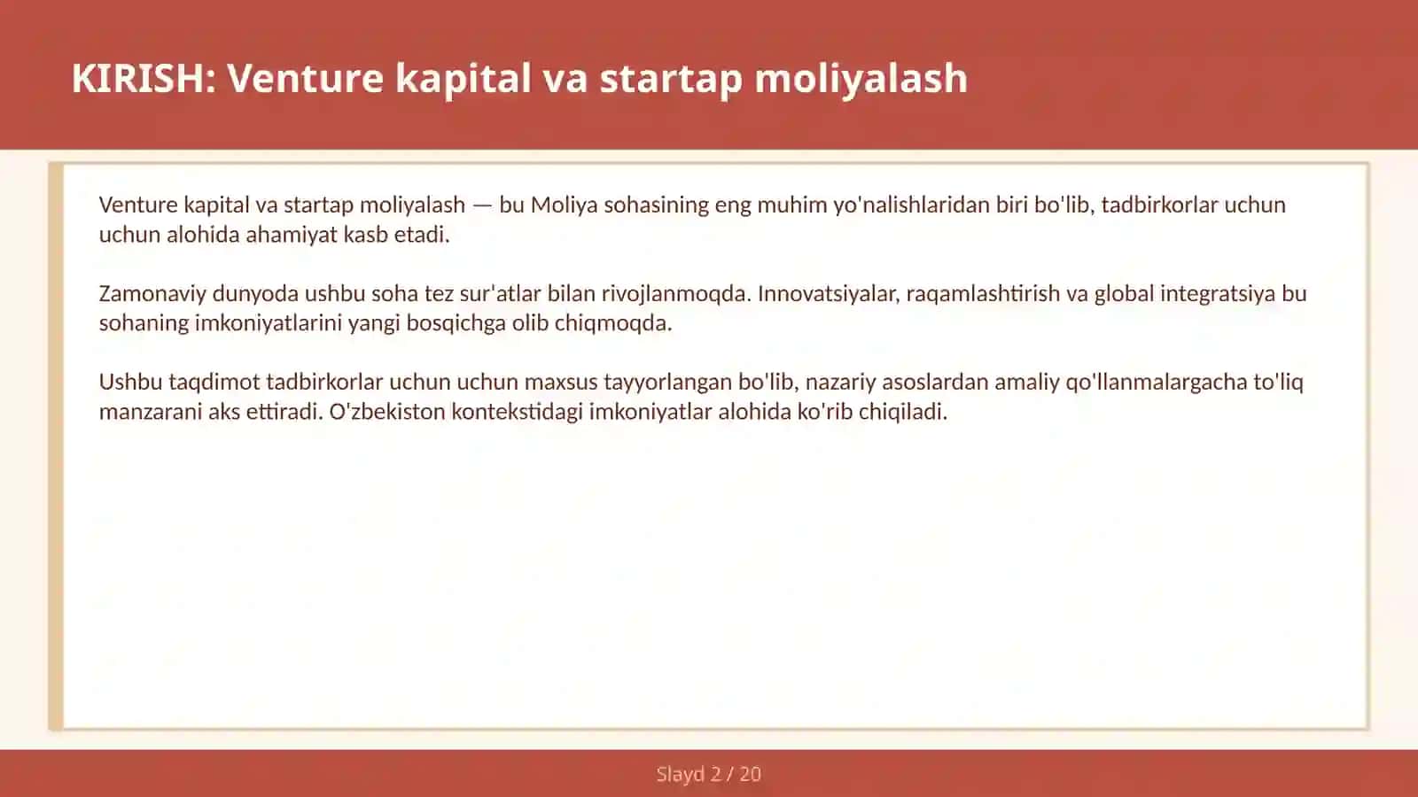 VENTURE KAPITAL VA STARTAP MOLIYALASH 2