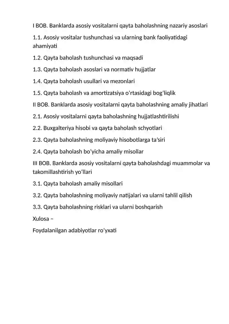 Banklarda asosiy vositalarni qayta baholash va uning hisobi. 2