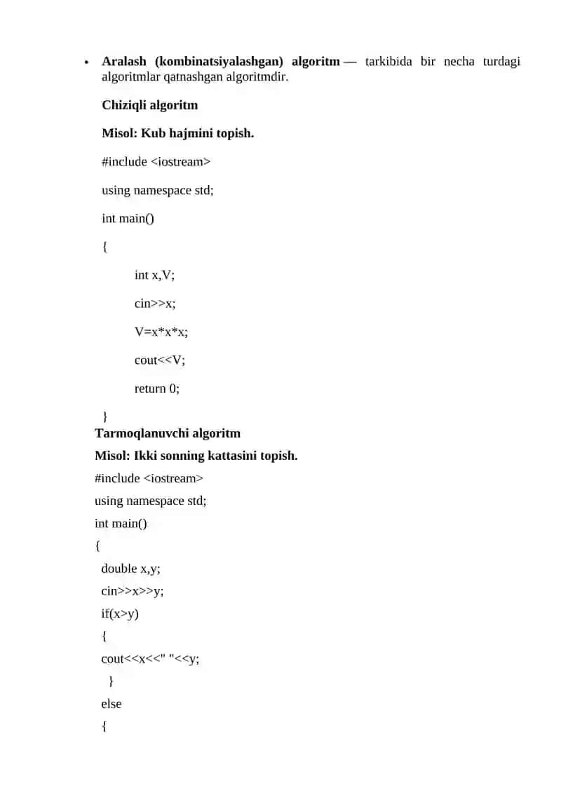 AMALIY MASHG'ULOT-1. Algoritmlar haqida tushuncha. Algoritm turlari. 2