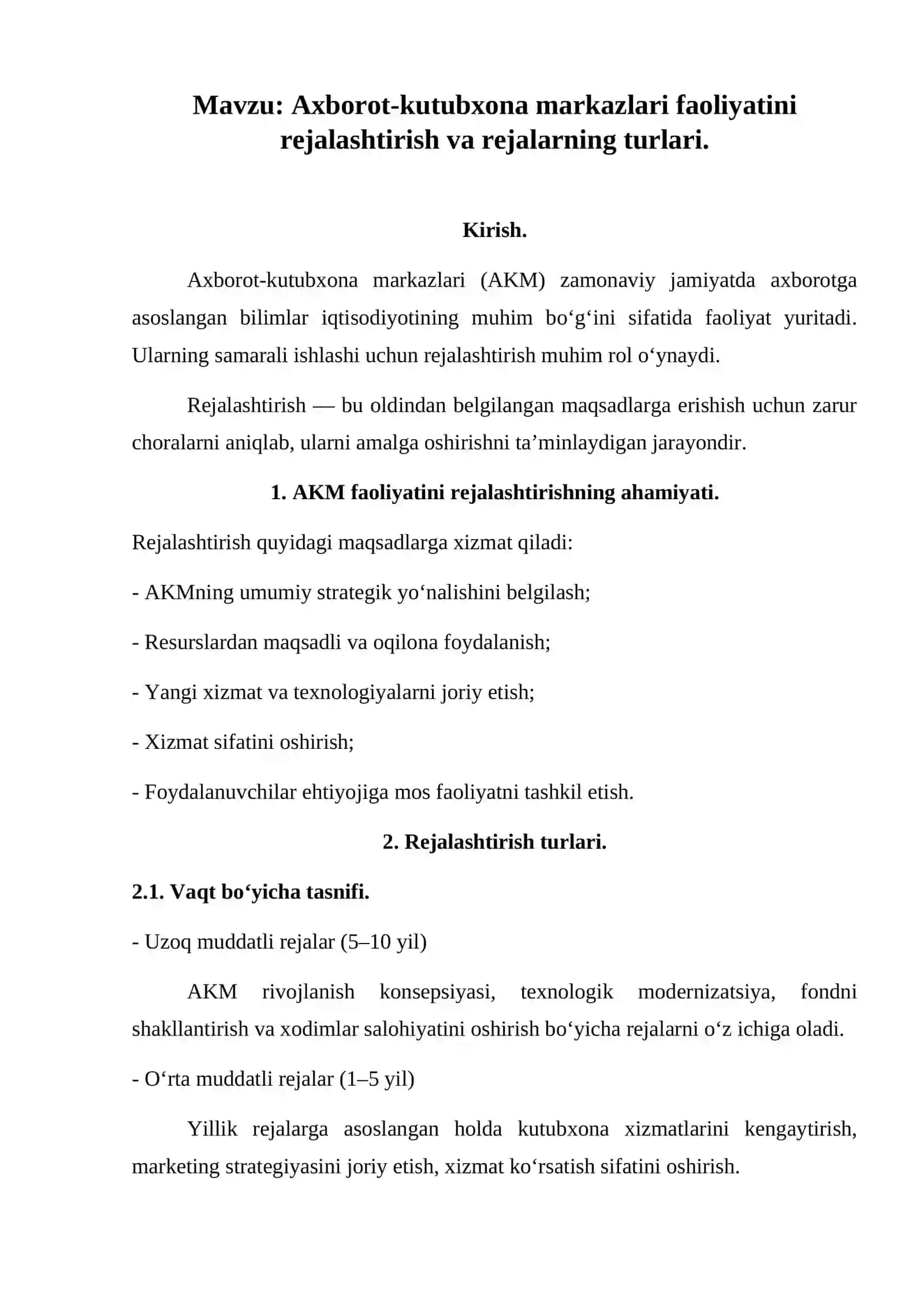 Axborot-kutubxona markazlari faoliyatini rejalashtirish va rejalarning turlari mavzusida ma’lumotnoma tayyorlash 2