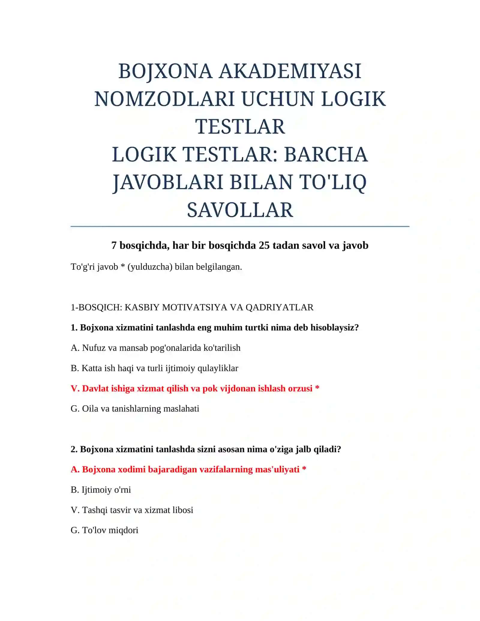 BOJXONA AKADEMIYASI NOMZODLARI UCHUN LOGIK TESTLAR 2