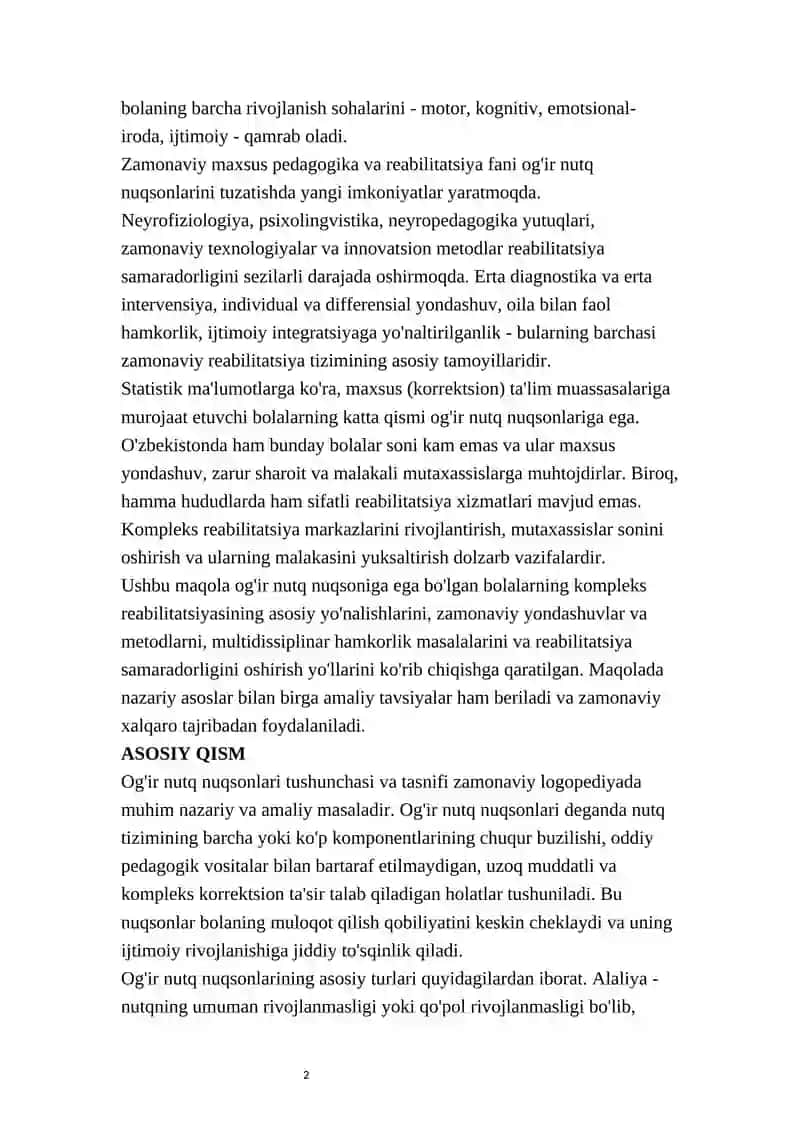OG'IR NUTQ NUQSONIGA EGA BO'LGAN BOLALARNING KOMPLEKS REABILITATSIYA QILISHNING ASOSIY YO'NALISHLARI 2