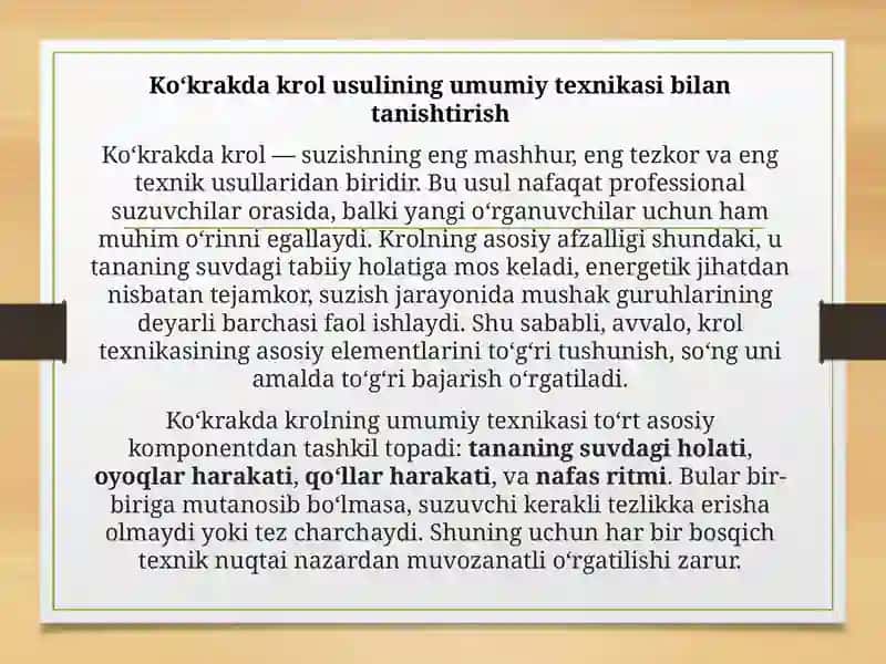 Ko‘krakda krol usulining umumiy texnikasi bilan tanishtirish 2