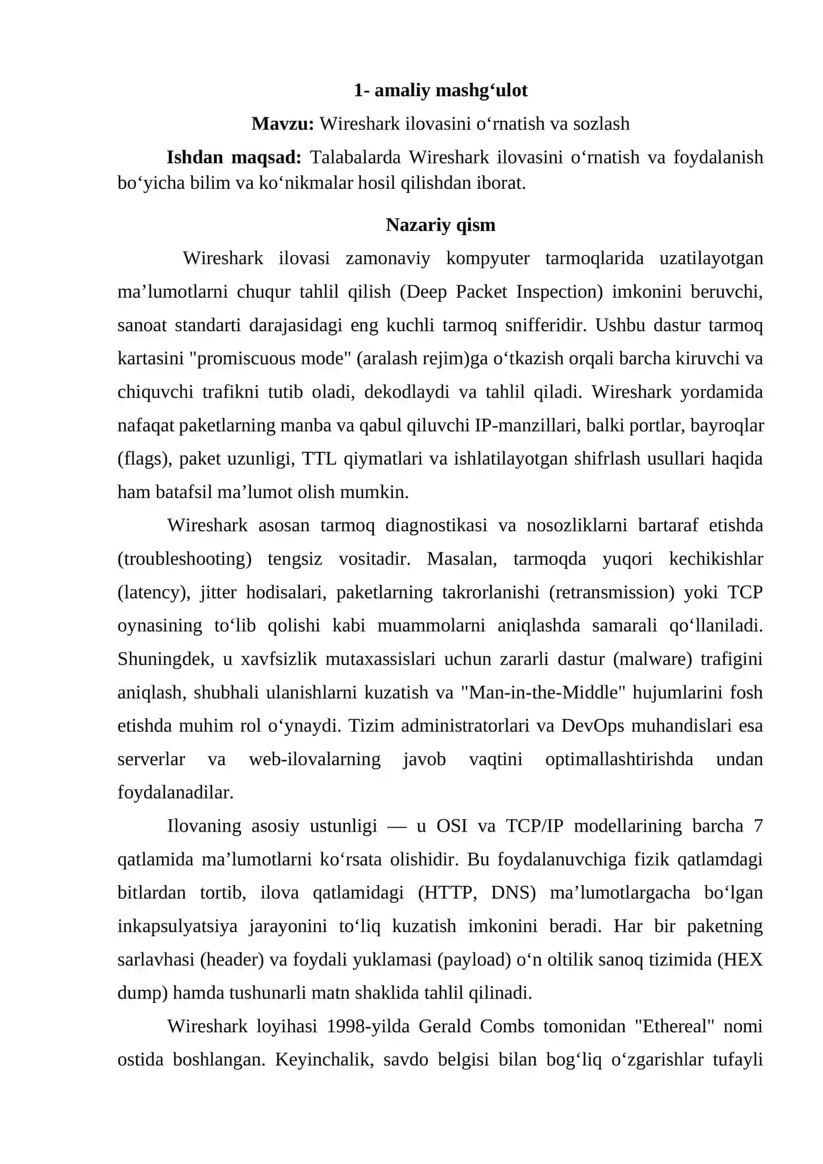 Wireshark ilovasini o‘rnatish va sozlash 2