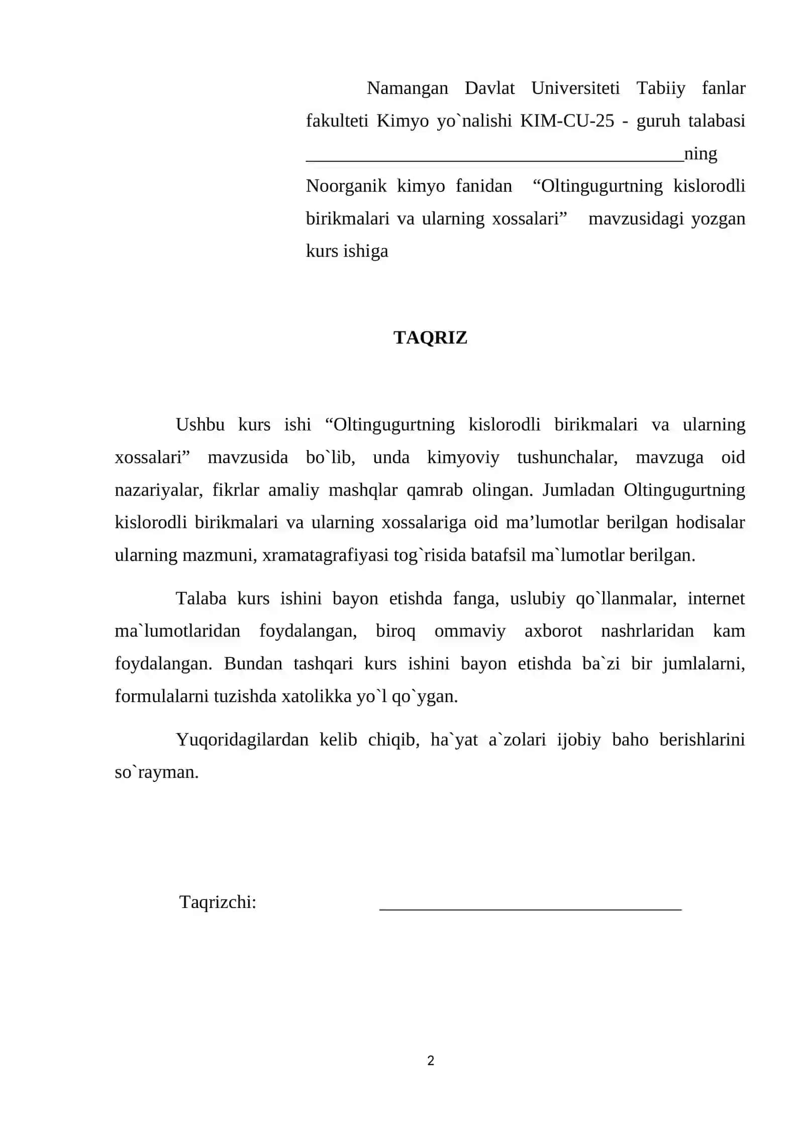 Oltingugurtning kislorodli birikmalari va ularning xossalari 2