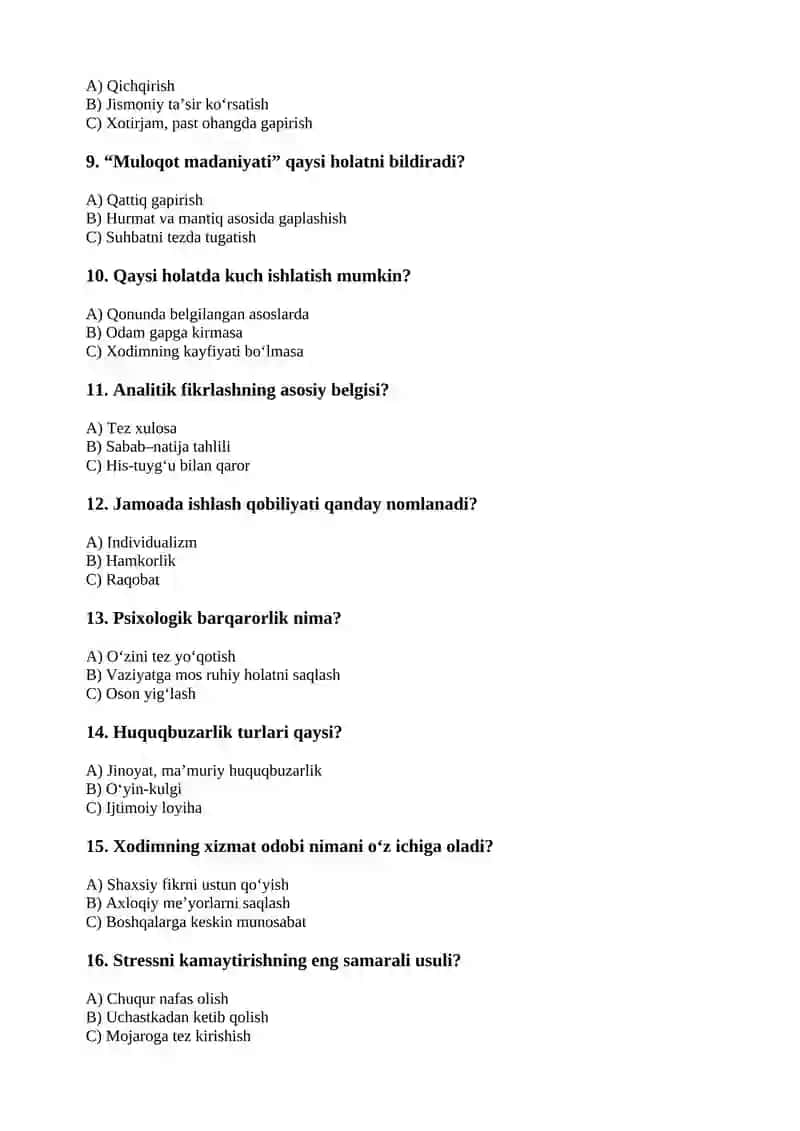 Ichki ishlarga kirivchilar uchun psixologik testlar to`plami 2