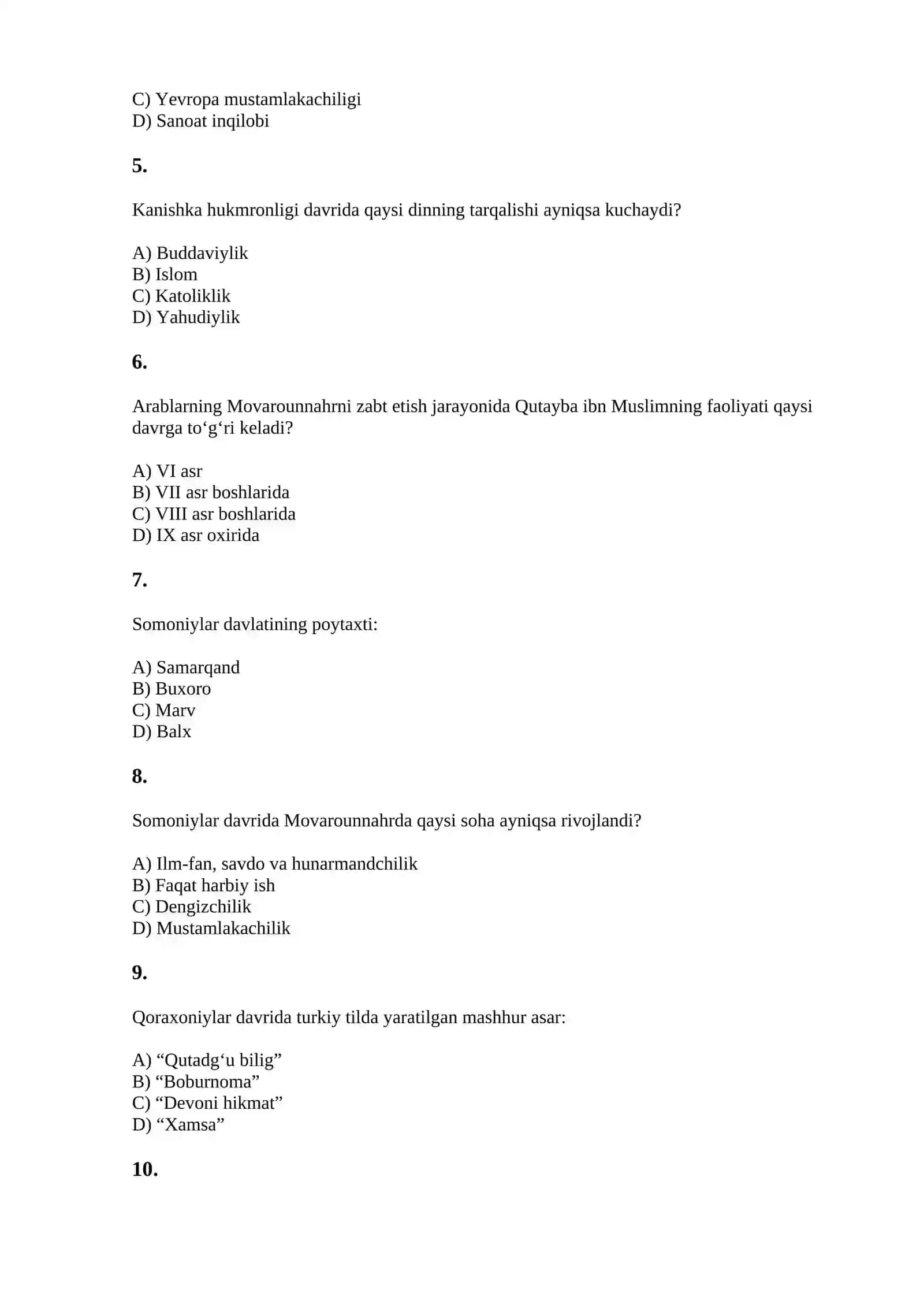 KASBIY IMTIHONGA TAYYORLANISH UMUMIY TARIX FANIDAN 300TA SAVOL TUSHADIGAN 6 VARIANTDA 2