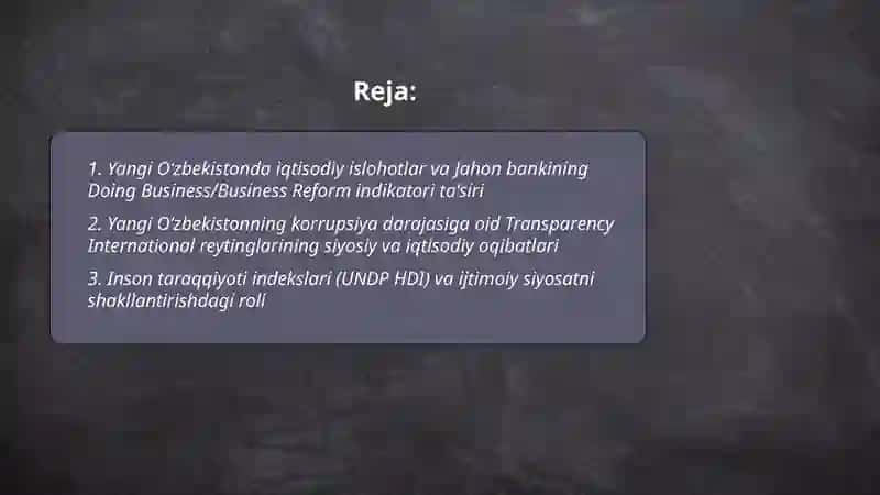 Yangi Oʻzbekistonning ijtimoiy siyosiy iqtisodiy va madaniy hayotida roʻy berayotgan oʻzgarishlarning halqaro reytingi va indekslari ahamiyati 2