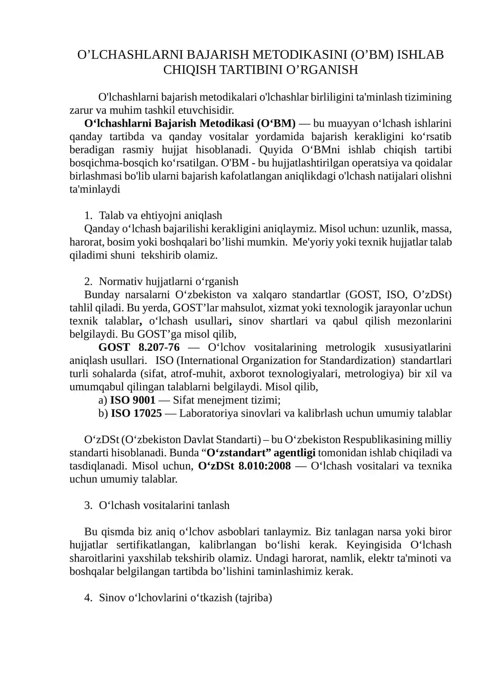 O‘LCHASHLARNI BAJARISH METODIKASINI (O’BM) ISHLAB CHIQISH TARTIBINI O’RGANISH 2