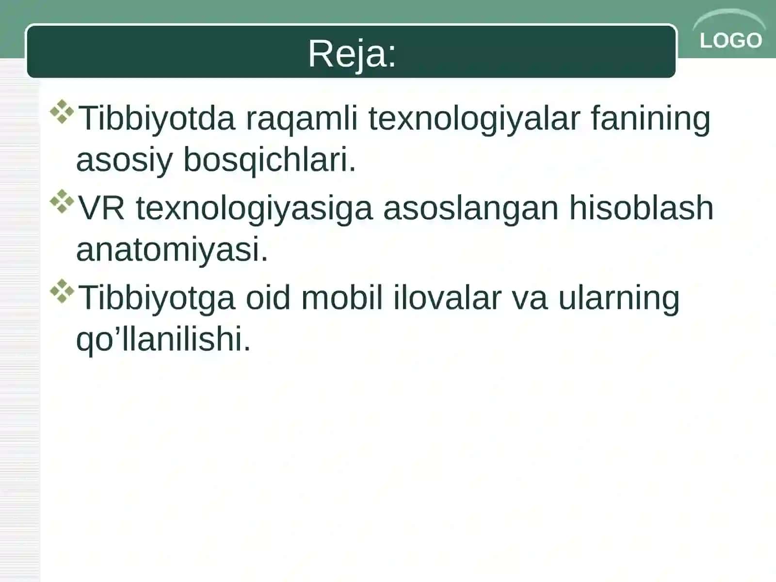 Tibbiyotda raqamli texnologiyalar fanining asosiy bosqichlari. VR texnologiyasiga asoslangan hisoblash anatomiyasi. Tibbiyotga oid mobil ilovalar va ularning qo’llanilishi 2