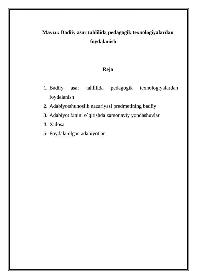 Mavzu: Badiiy asar tahlilida pedagogik texnologiyalardan foydalanish 2