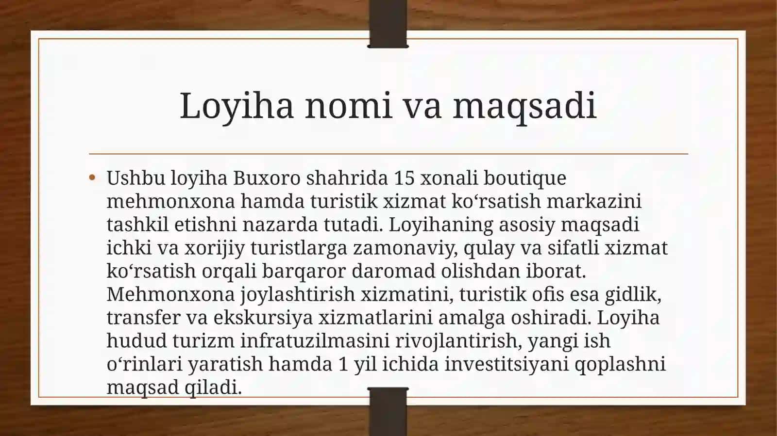 (100 millionlik Loyiha ishi ) Turistik va mehmonxona xizmatlarini ko'rsatuvchi 2