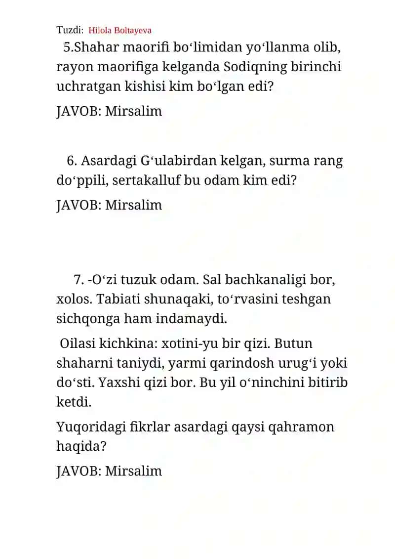 "Oltin zanglamas" romani Shuhrat savol javob 2