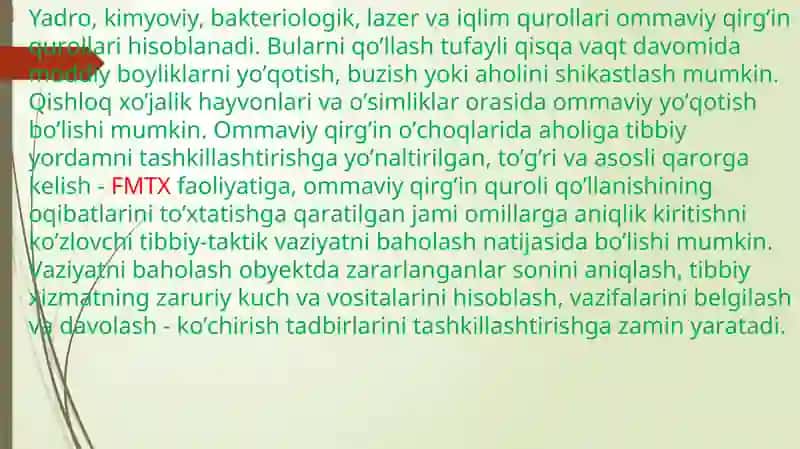 Ommaviy qirg'in qurollarining tasnifi. Jabrlanish o'chog'ining tibbiy-taktik tavsifi. 2
