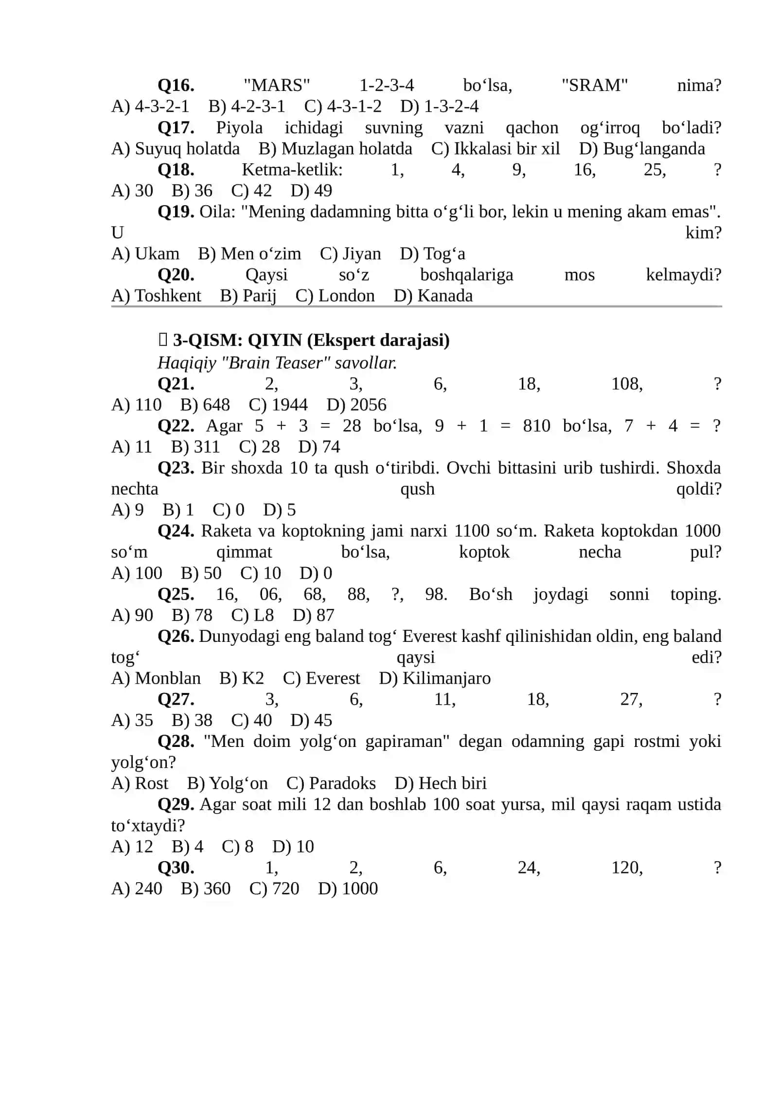 PROFESSIONAL IQ TEST TO‘PLAMI (30 TA SAVOL) 2