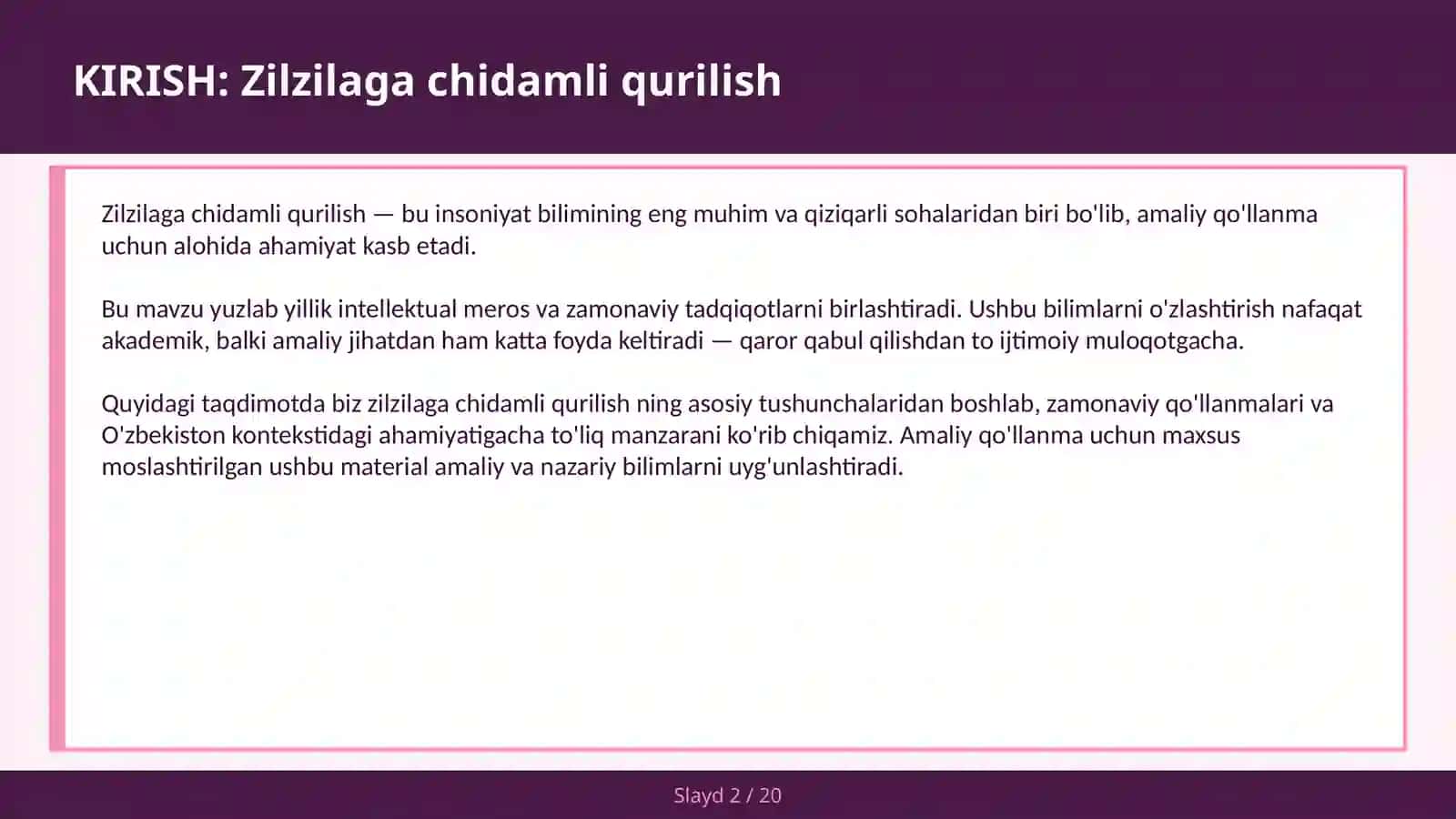 Zilzilaga chidamli qurilish 2