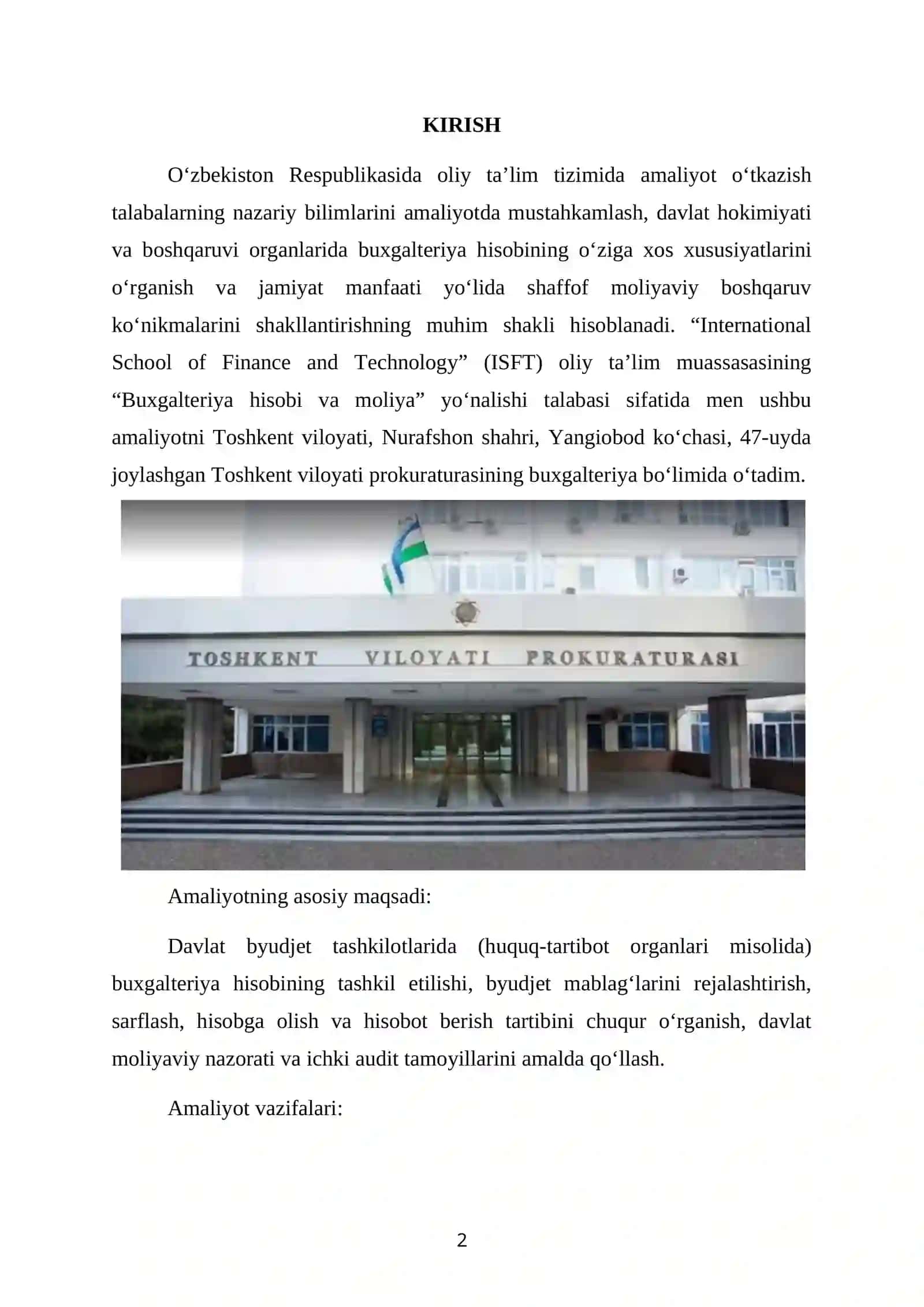 TOSHKENT VILOYATI PROKURATURASI. BITIRUV MALAKAVIY AMALIYOT 2