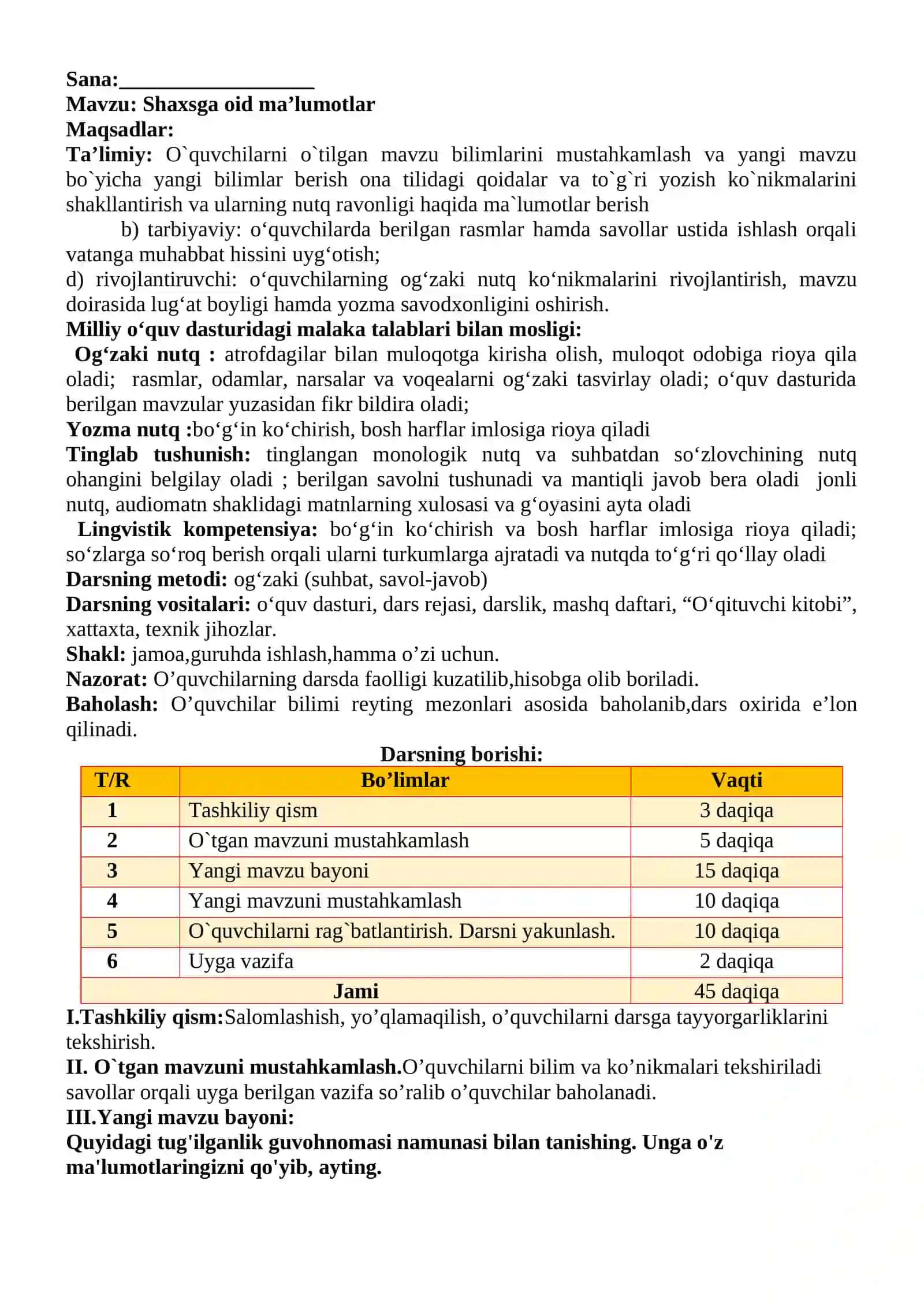 3-sinf Ona tili va o'qish savodxonligi fanidan Shaxsga oid ma'lumotlar dars ishlanma 2