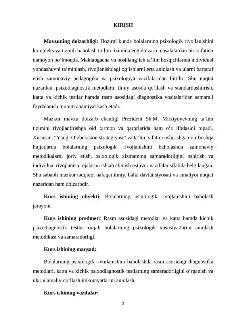 Bolalarda rasm asosida suhbat metodikasi: Psixodiagnostik yondashuv kurs ishi 2