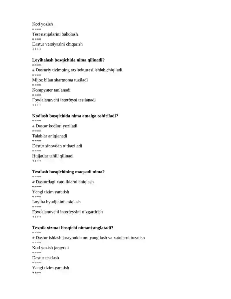 Dasturlash injiniringiga kirish fanidan test savollari 2