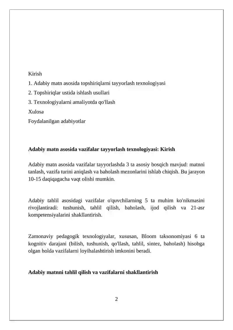 Badiiy matn asosida topshiriqlar tayyorlash va ular ustida ishlash texnologiyasi 2