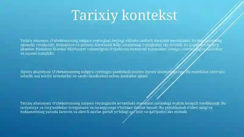 O'Zbekistonning Xalqaro Reytinglardagi Ko'Tarishning Tarixiy Va Siyosiy Ahamiyati 2