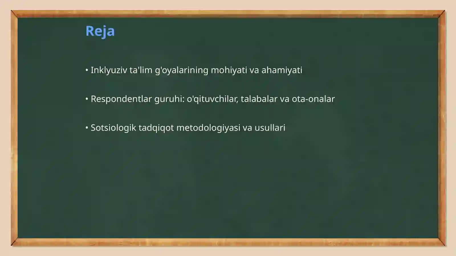 Inklyuziv ta'lim g'oyalarini amaliyotga tatbiq etish bo'yicha turli guruhlarga mansub respondentlarning fikrlarini aniqlashga qaratilgan sotsiologik tadqiqotlar 2