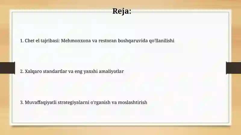 Mehmonxona va restaurant menijmentida xorij tajribalaridan foydalanish 2