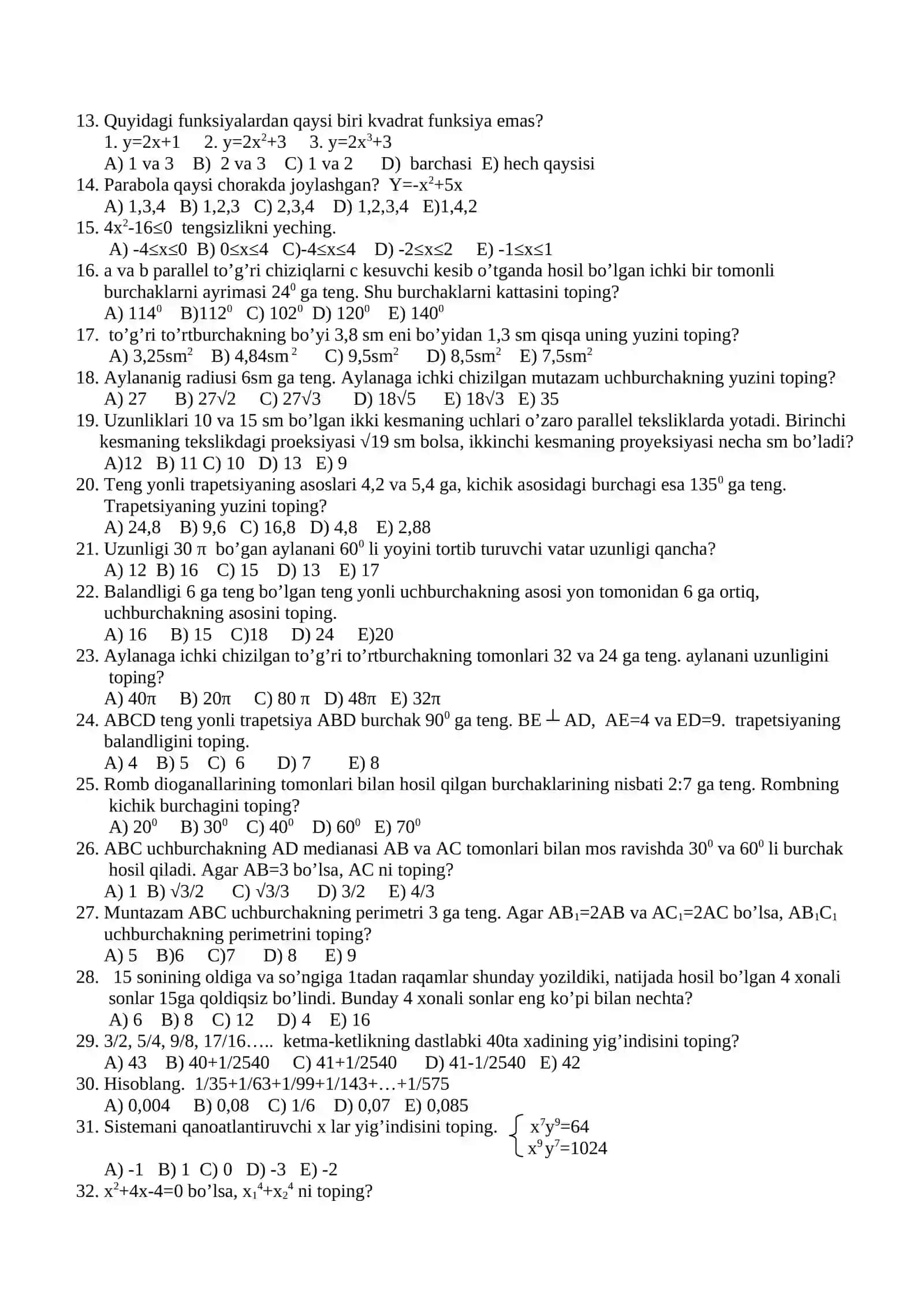 9 sinf Matematika fanidan olimpiada test savollari 2