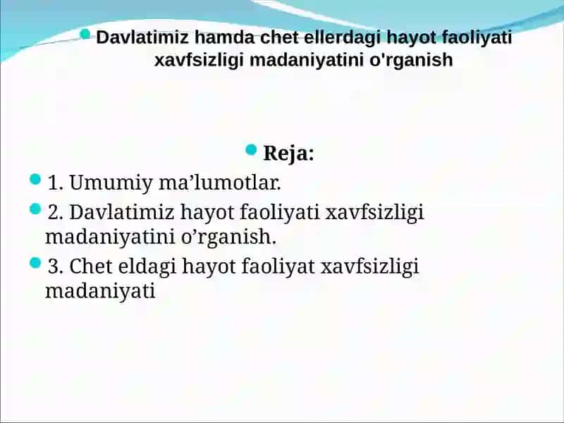 Hayot faoliyati xavfsizligi fanidan tayyorlagan MUSTAQIL ISHI 2