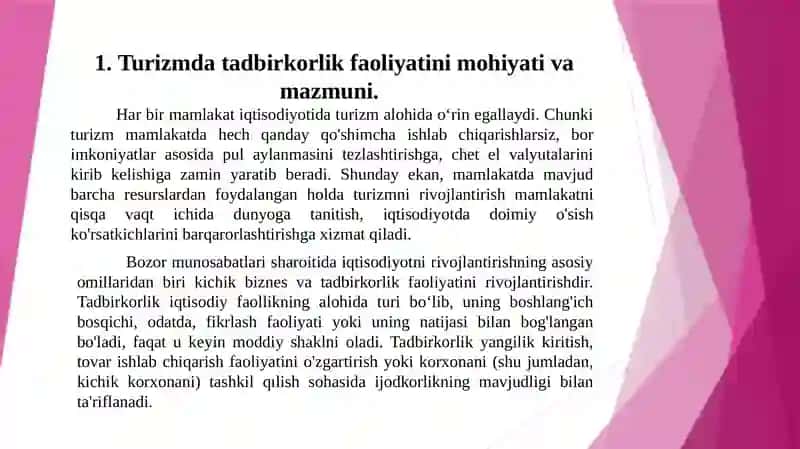 Turizmda tadbirkorlikning mohiyati va uning rivojlanishining tashkiliy-huquqiy asoslari 2