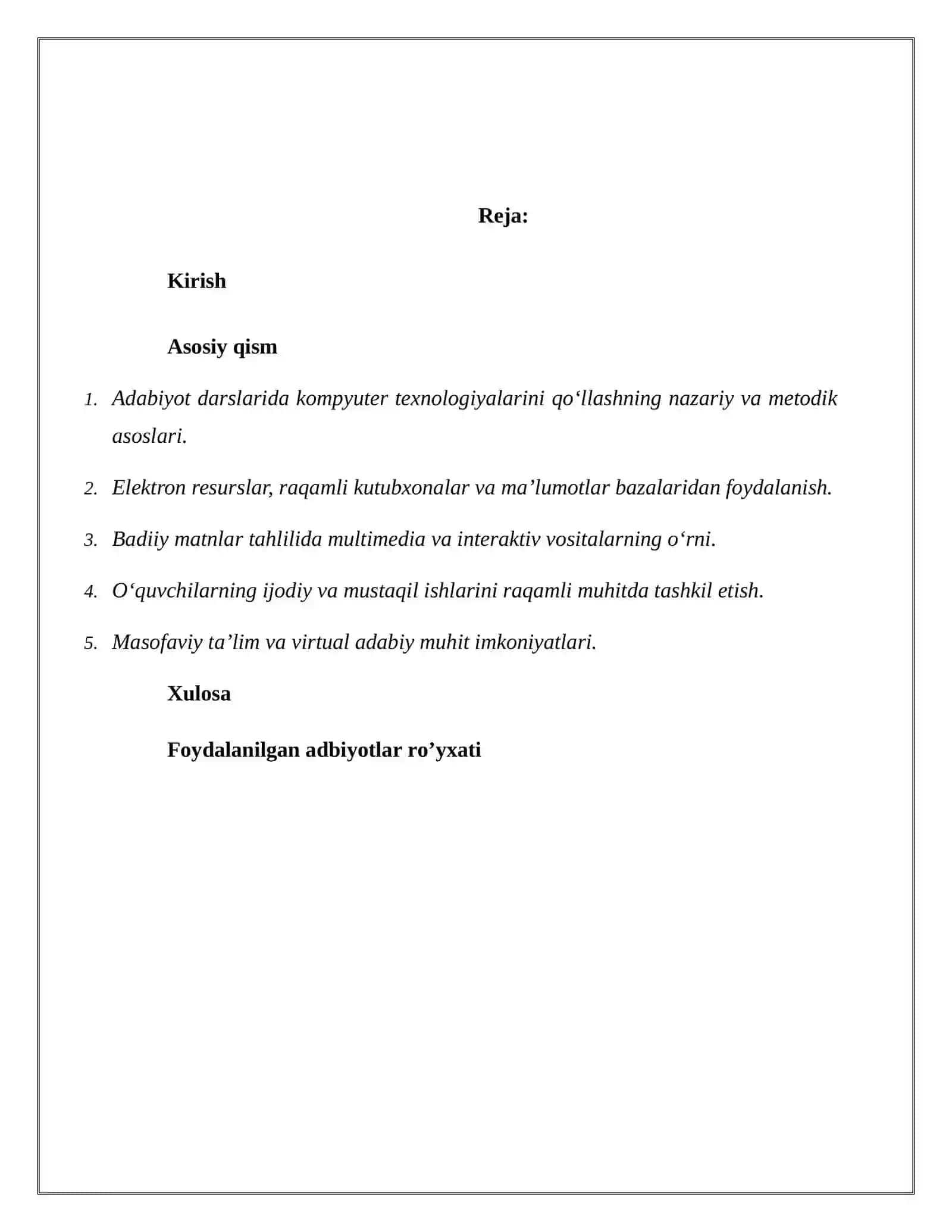 “Adabiyot saboqlarida kompyuter texnologiyasi imkoniyatlaridan foydalanish” mavzusida MUSTAQIL ISH 2