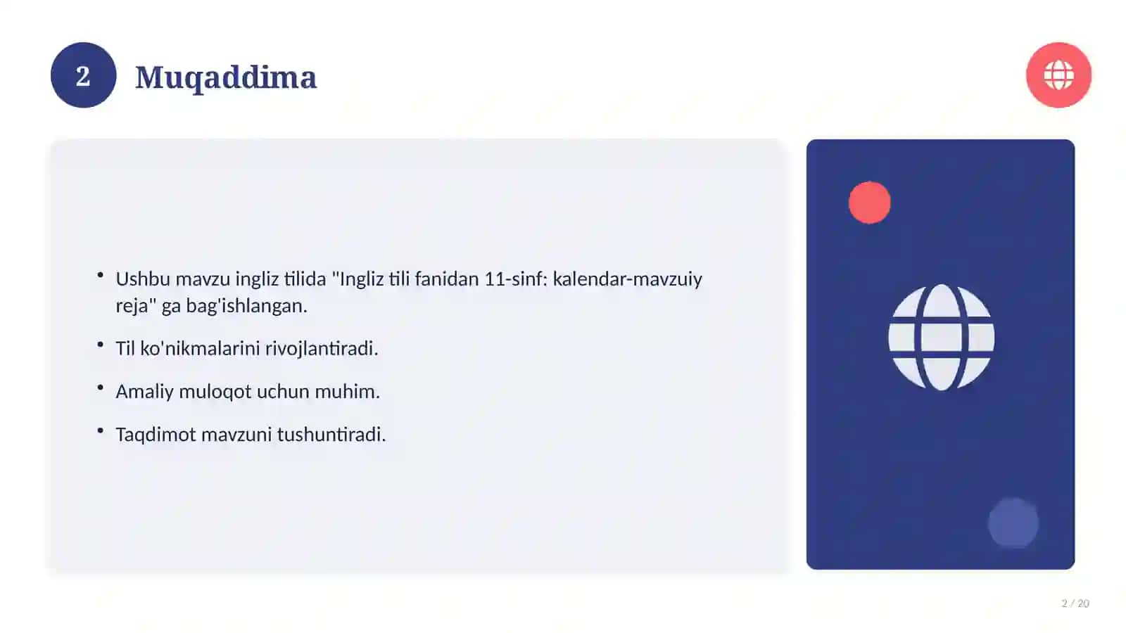 Ingliz tili fanidan 11-sinf: kalendar-mavzuiy reja 2