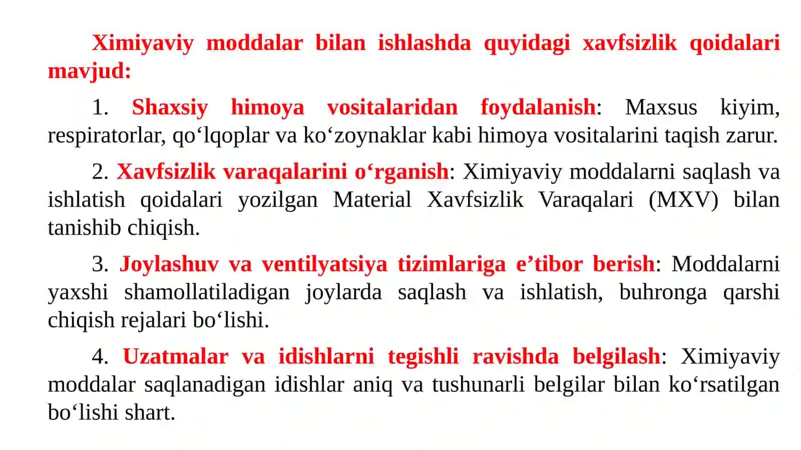 Kimyoviy moddalar bilan ishlashda xavfsizlik qoidalari 2