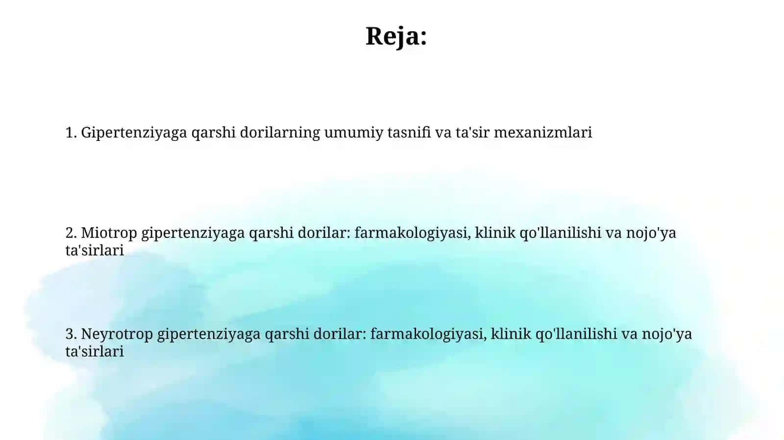 Gipotenziv dori vositalar farmakolgiyasi. Miotrop va neyrotrop gipotenziv dori vositalari 2