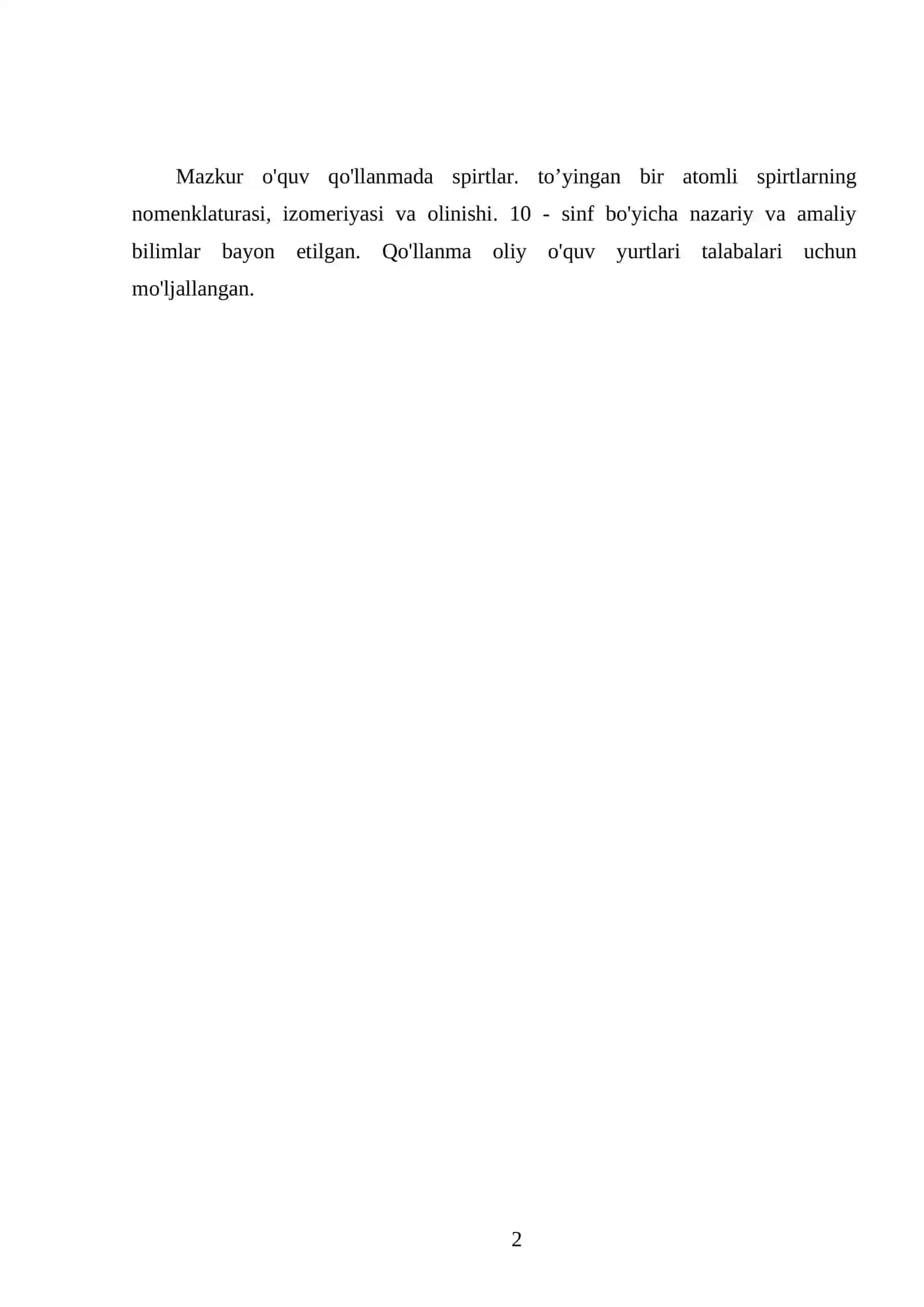 SPIRTLAR. TO’YINGAN BIR ATOMLI SPIRTLARNING NOMENKLATURASI, IZOMERIYASI VA OLINISHI. 10 - SINF 2
