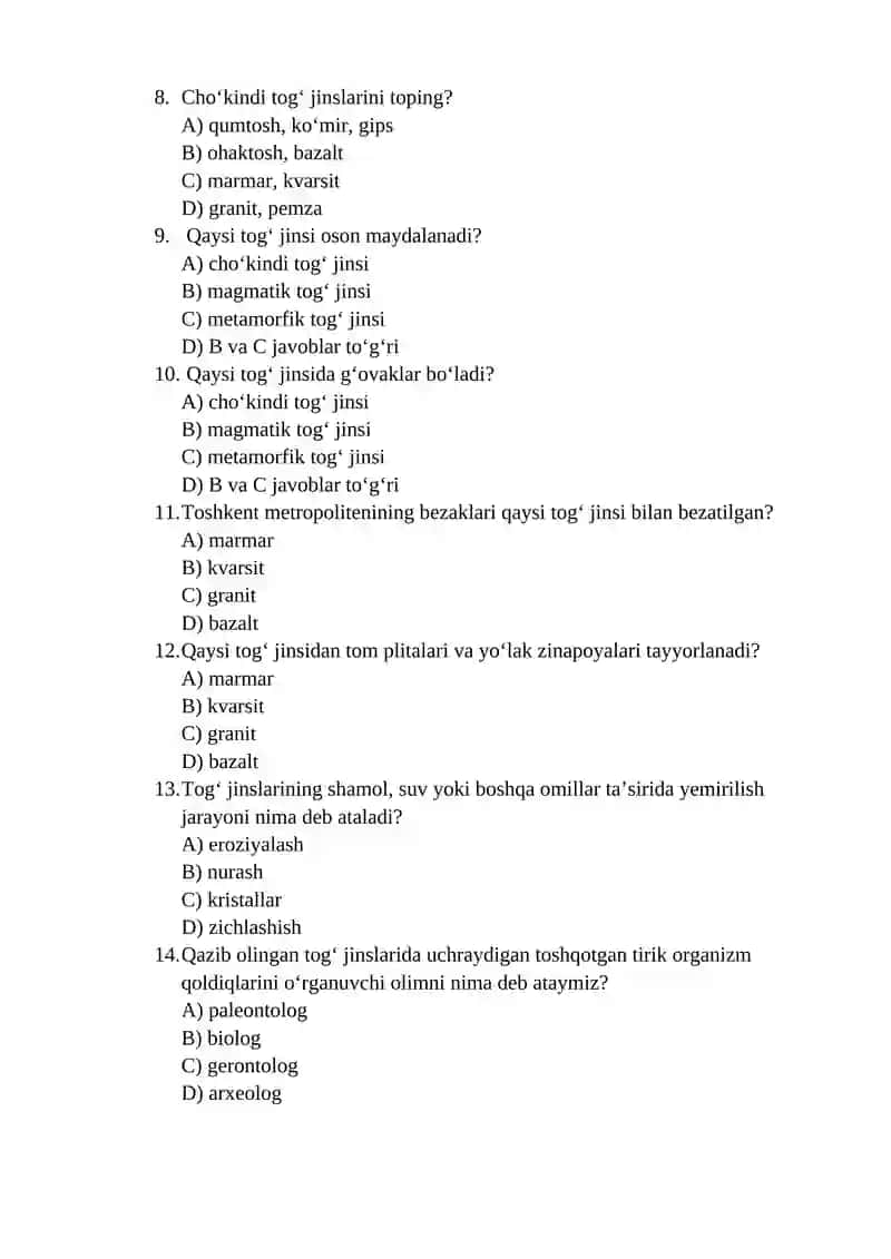 6-sinf Tabiy fan 7 - Nazorat ishi 2