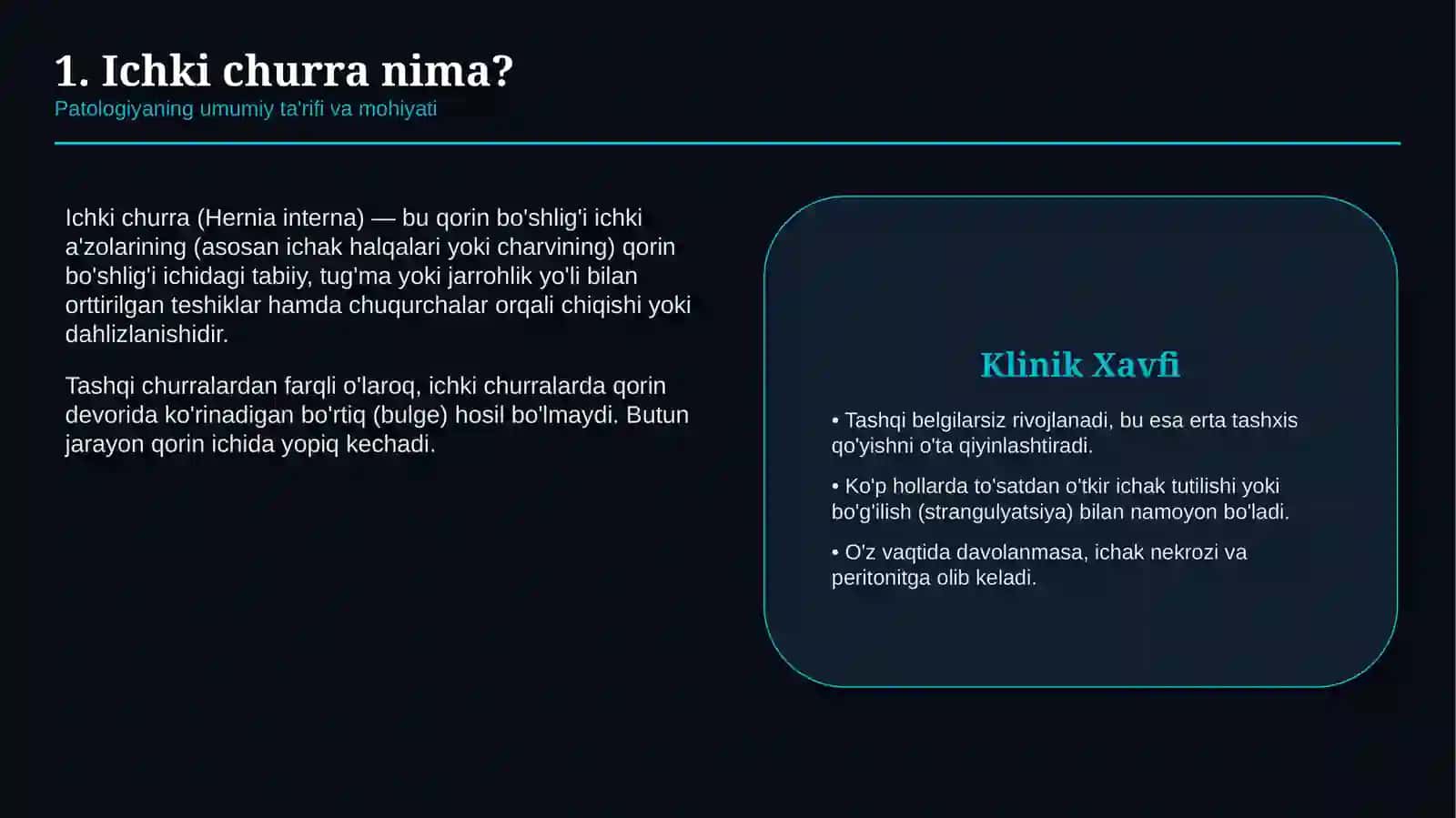 ICHKI CHURRALAR — TURLARI, KELIB CHIQISH SABABLARI, KLINIKASI VA DAVOLASHI | 15 SLAYDLI TAQDIMOT 2