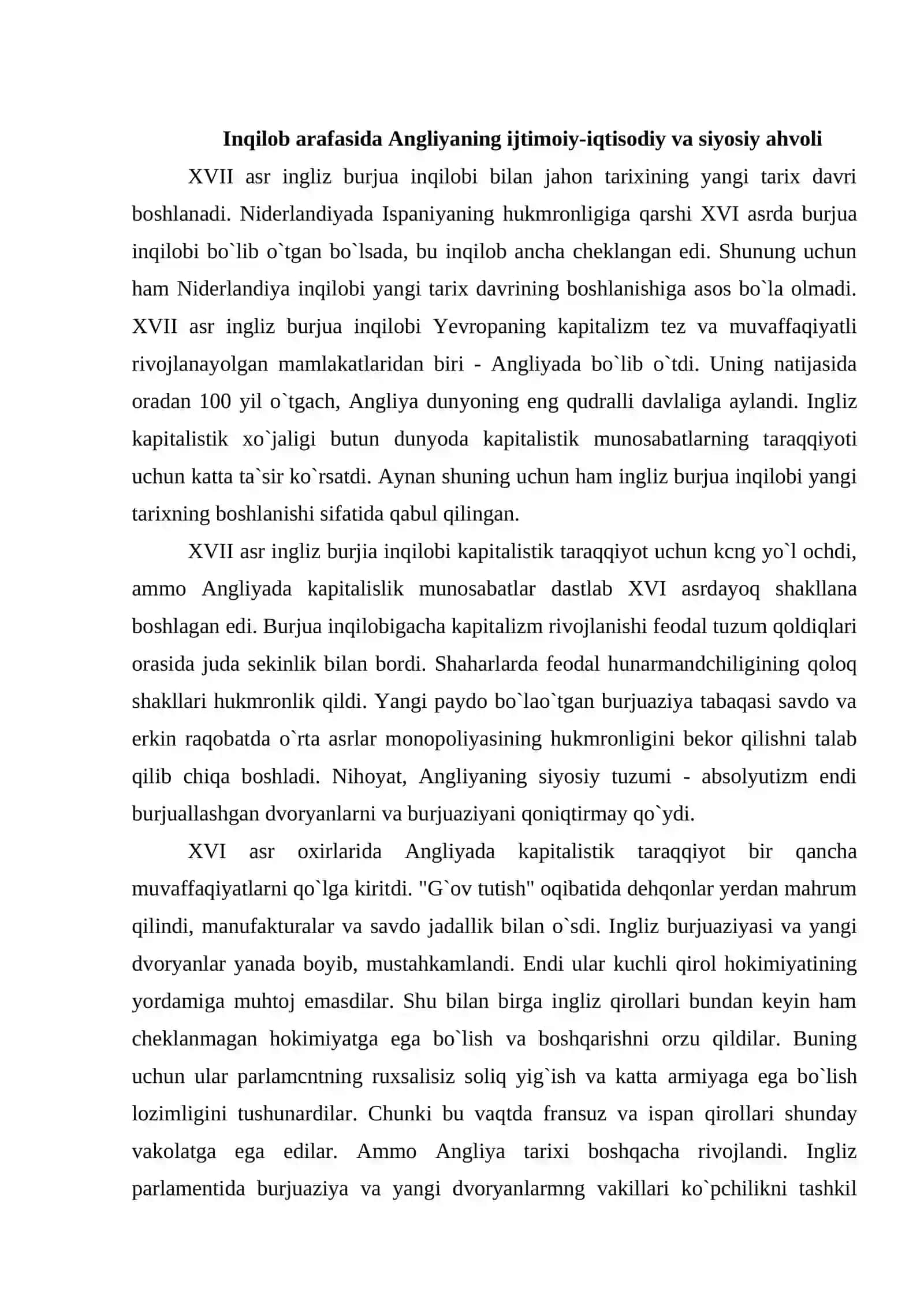 XVII asr o`rtalari va XIX asr birinchi yarmida Angliya 2