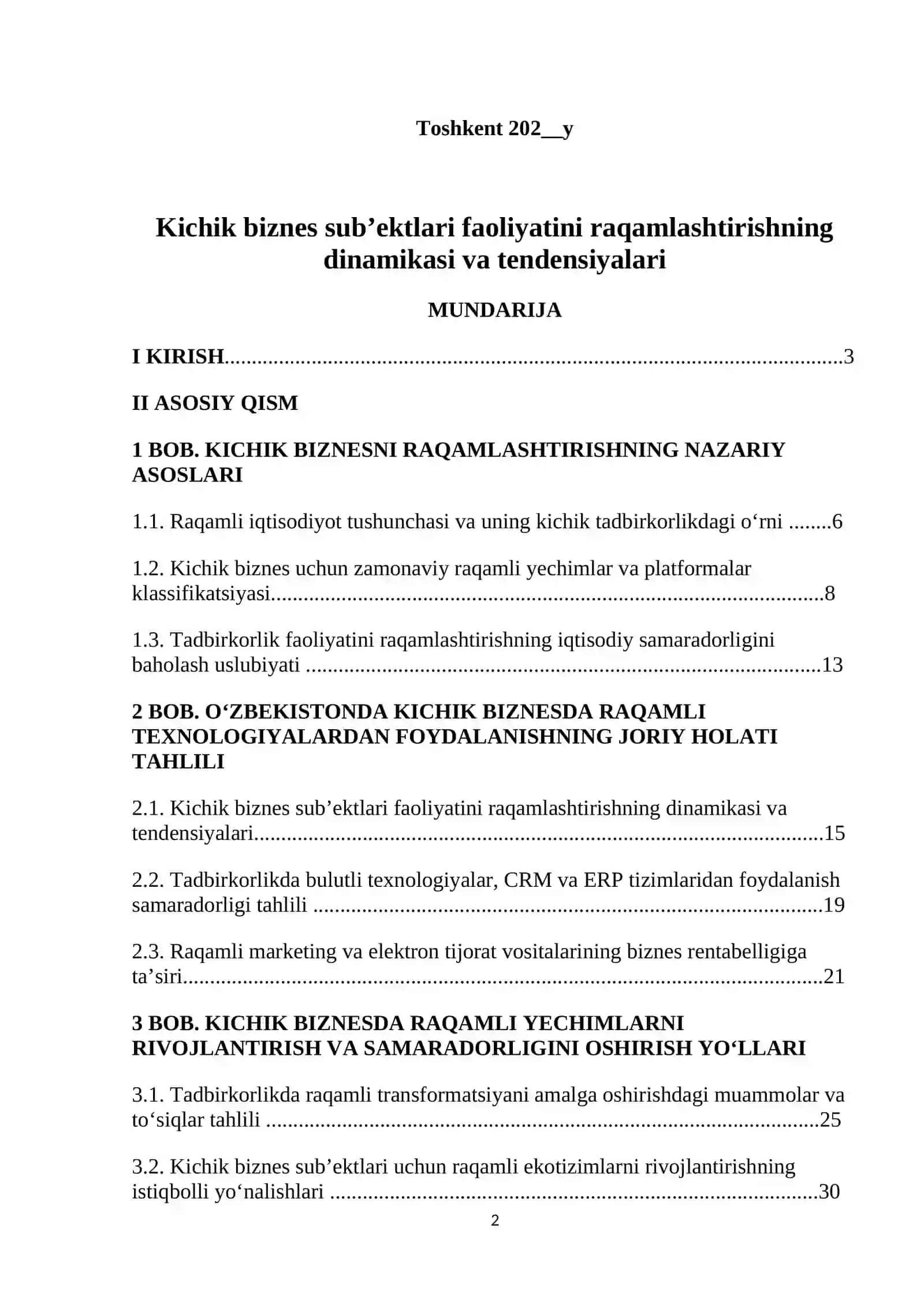 Kichik biznes sub’ektlari faoliyatini raqamlashtirishning dinamikasi va tendensiyalari 2
