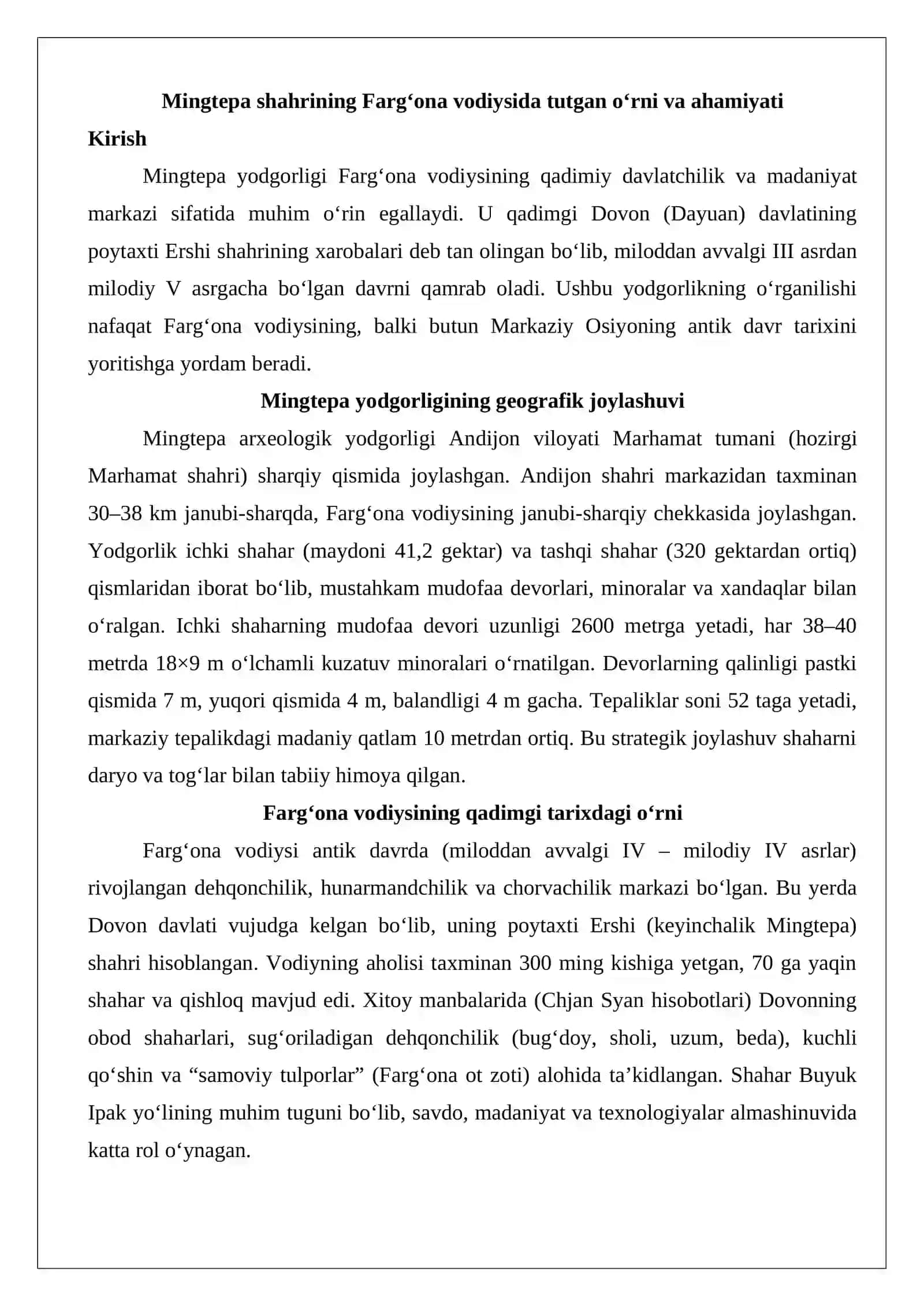 Mingtepa shahrining Farg‘ona vodiysida tutgan o‘rni va ahamiyati 2