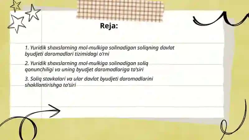 Yuridik shaxslarning mol-mulkiga solinadigan soliqning davlat byudjeti daromadlarini shakllantirishdagi ahamiyati 2