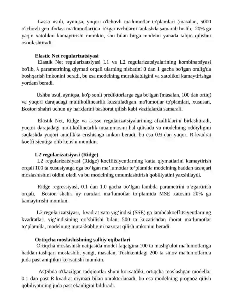 Regressiya masalalarida regulyatizatsiya funksiyasini qo'llash 2