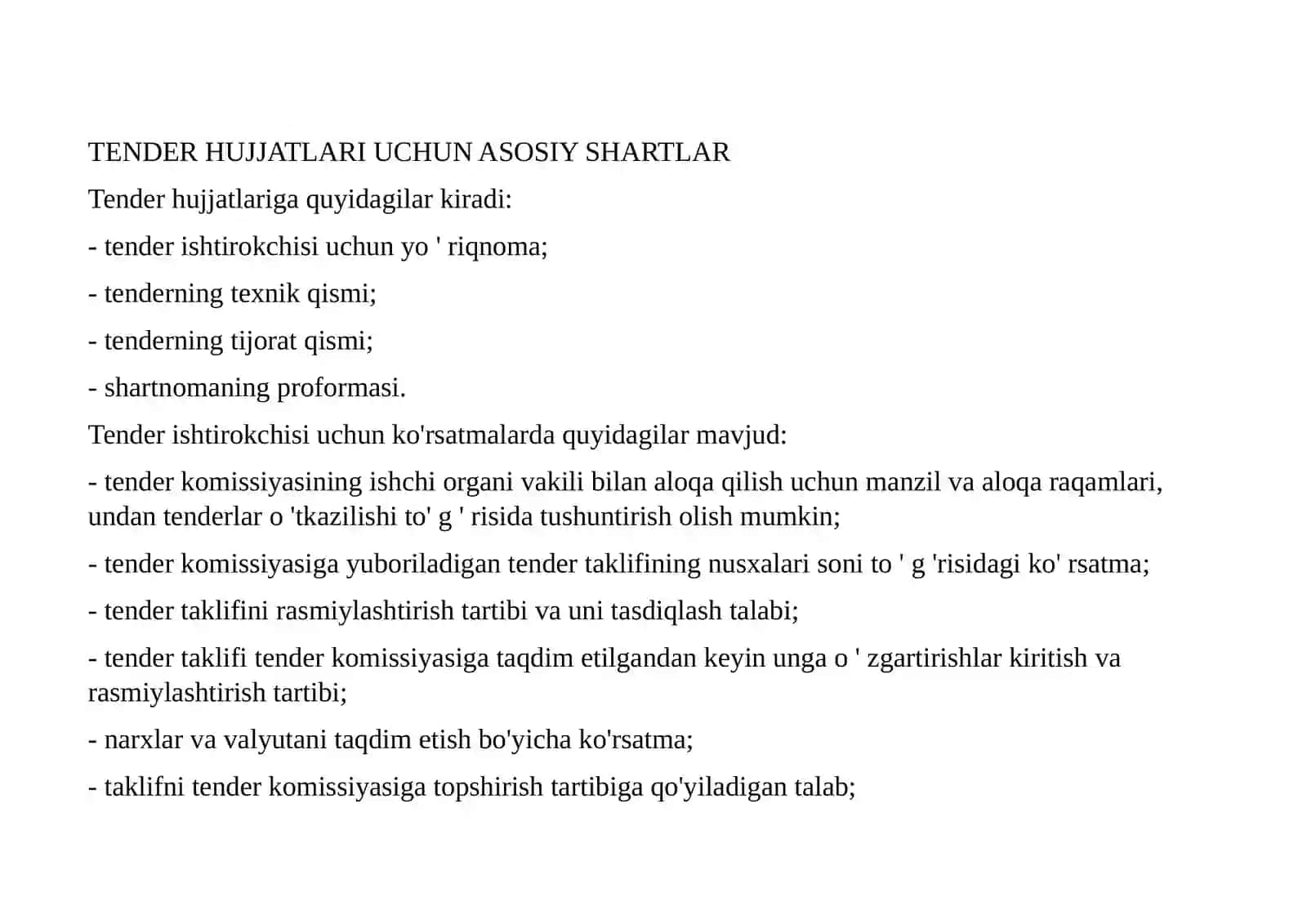 YO'L QURILISHI OB'EKTLARI BO'YICHA TENDER SAVDOLARI UCHUN TALAB 2