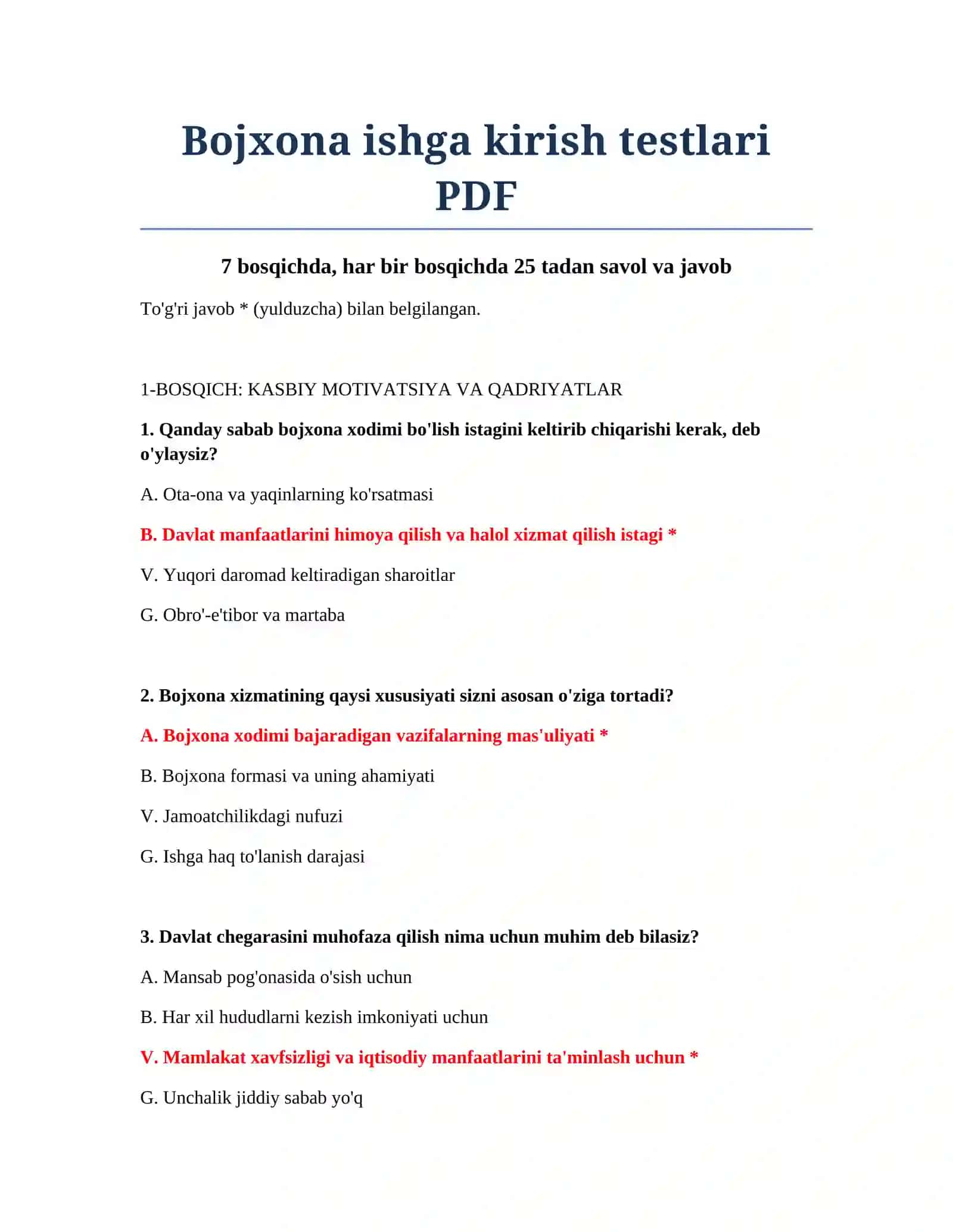 Bojxona ishga kirish testlari PDF 2