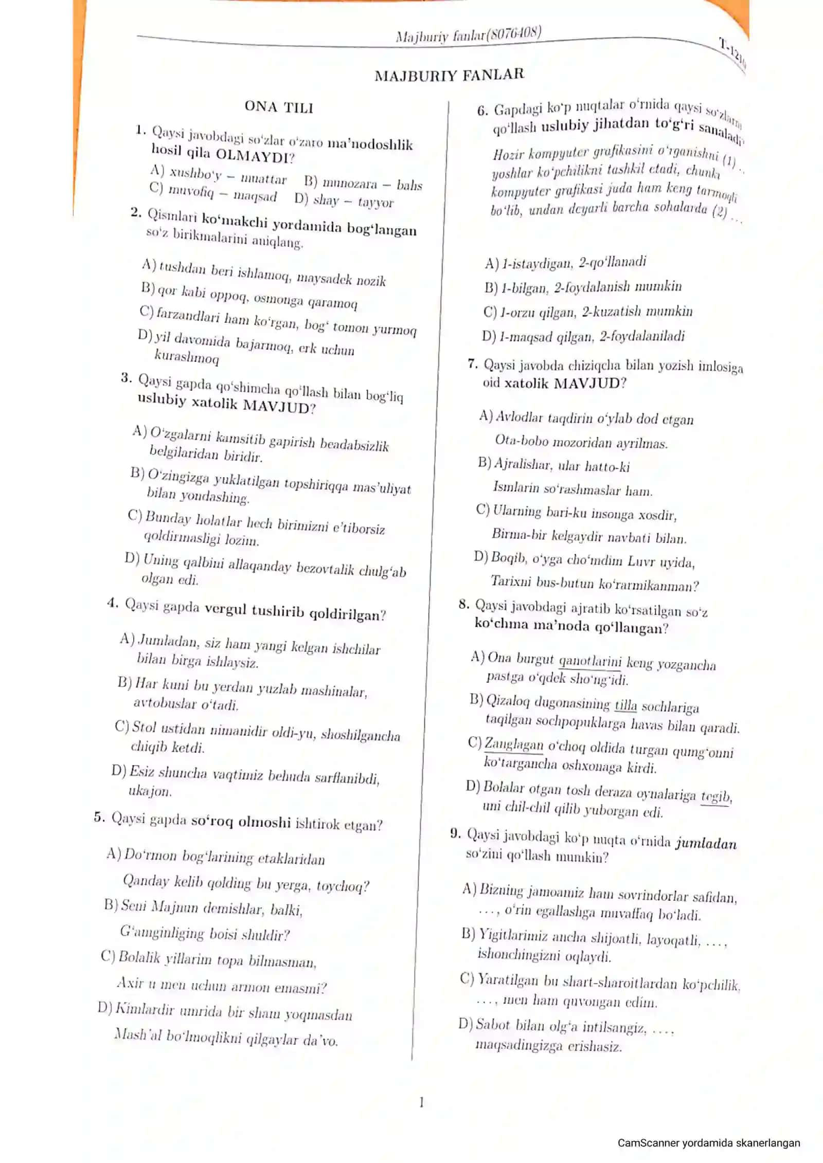 DTM diagnostik test savollari Biologiya kimyo 2