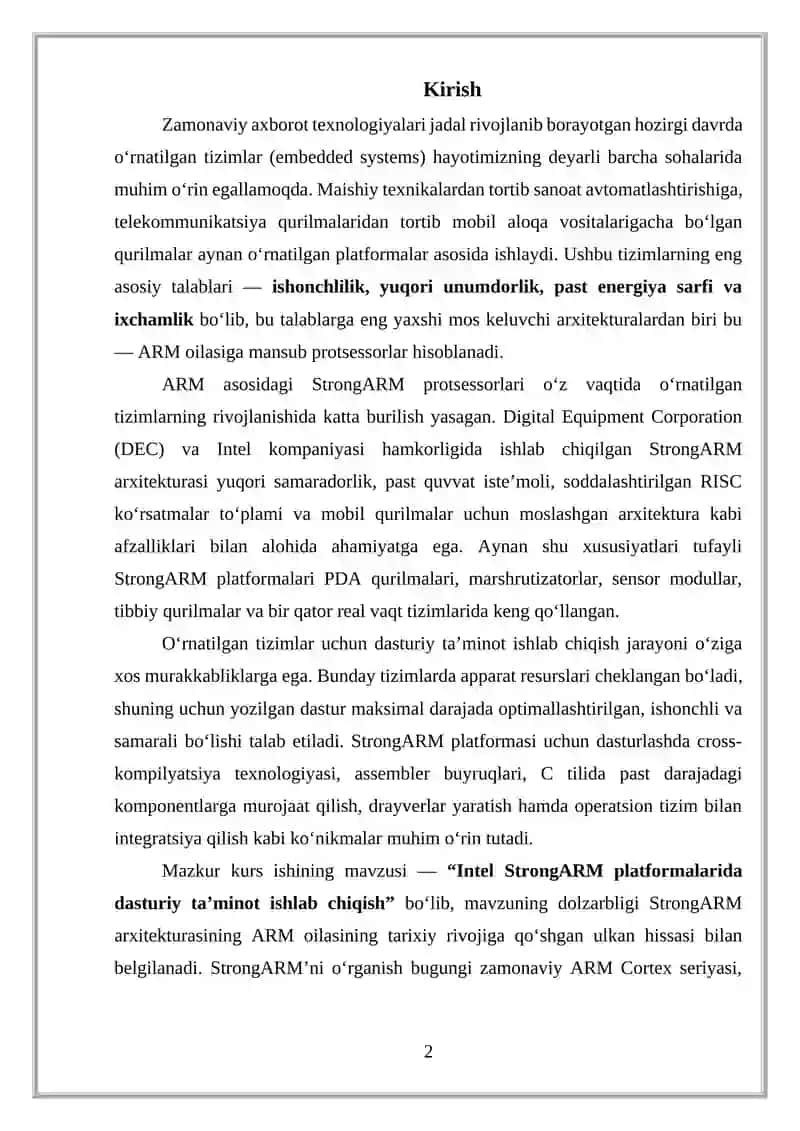 INTEL STRONG ARM PLATFORMALARIDA DASTURIY TA’MINOT ISHLAB CHIQISH KURS ISHI 2