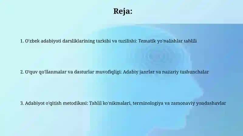 O'zbek adabiyotidan darslik va o'quv qo'llanmalarini boblari va mavzularini o'rganish 2